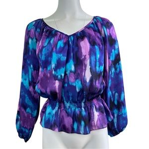 Michael Kors Vneck Smocked Waist Blouse Purple Blue PS